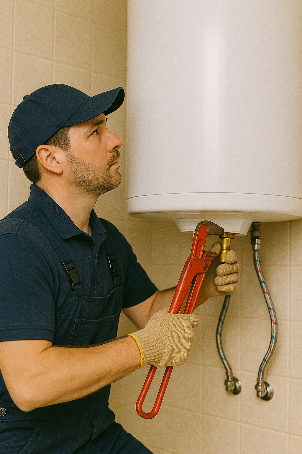 Un plombier effectue la maintenance d'un chauffe-eau électrique dans une buanderie, outils visibles.