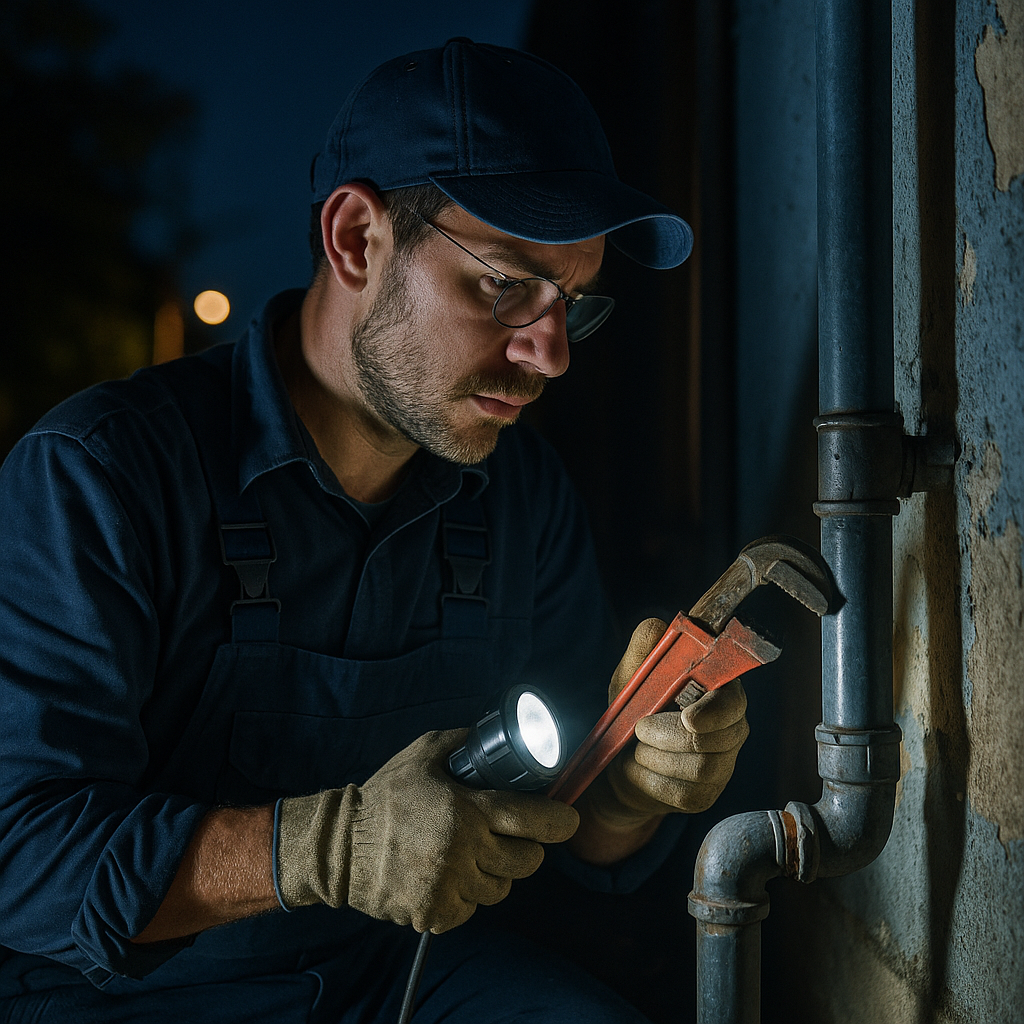 Plombier professionnel réparant fuite sous évier de nuit