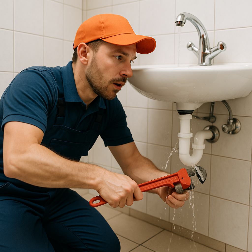 Plombier qualifié réparant canalisation salle de bain moderne