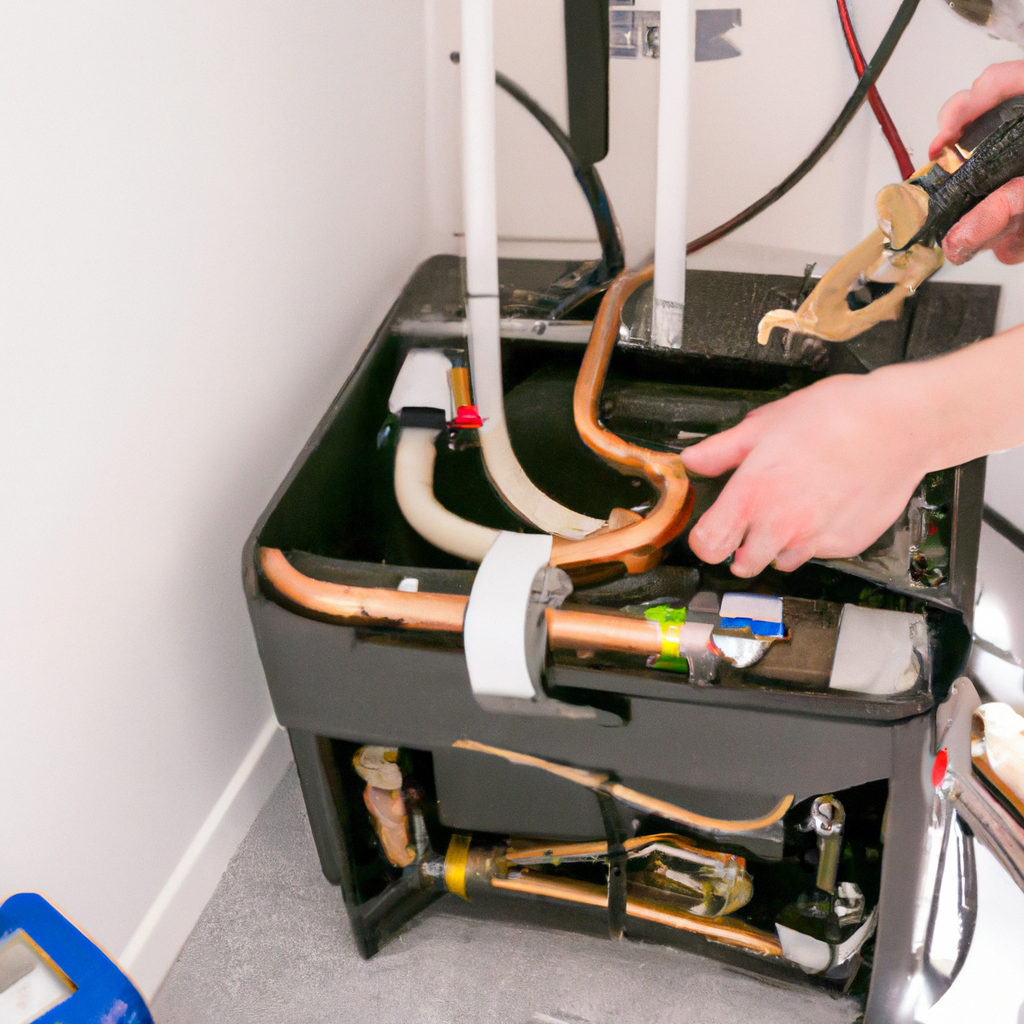 Un technicien professionnel installe un chauffe-eau moderne dans une buanderie propre et ordonnée, avec outils et raccords visibles.