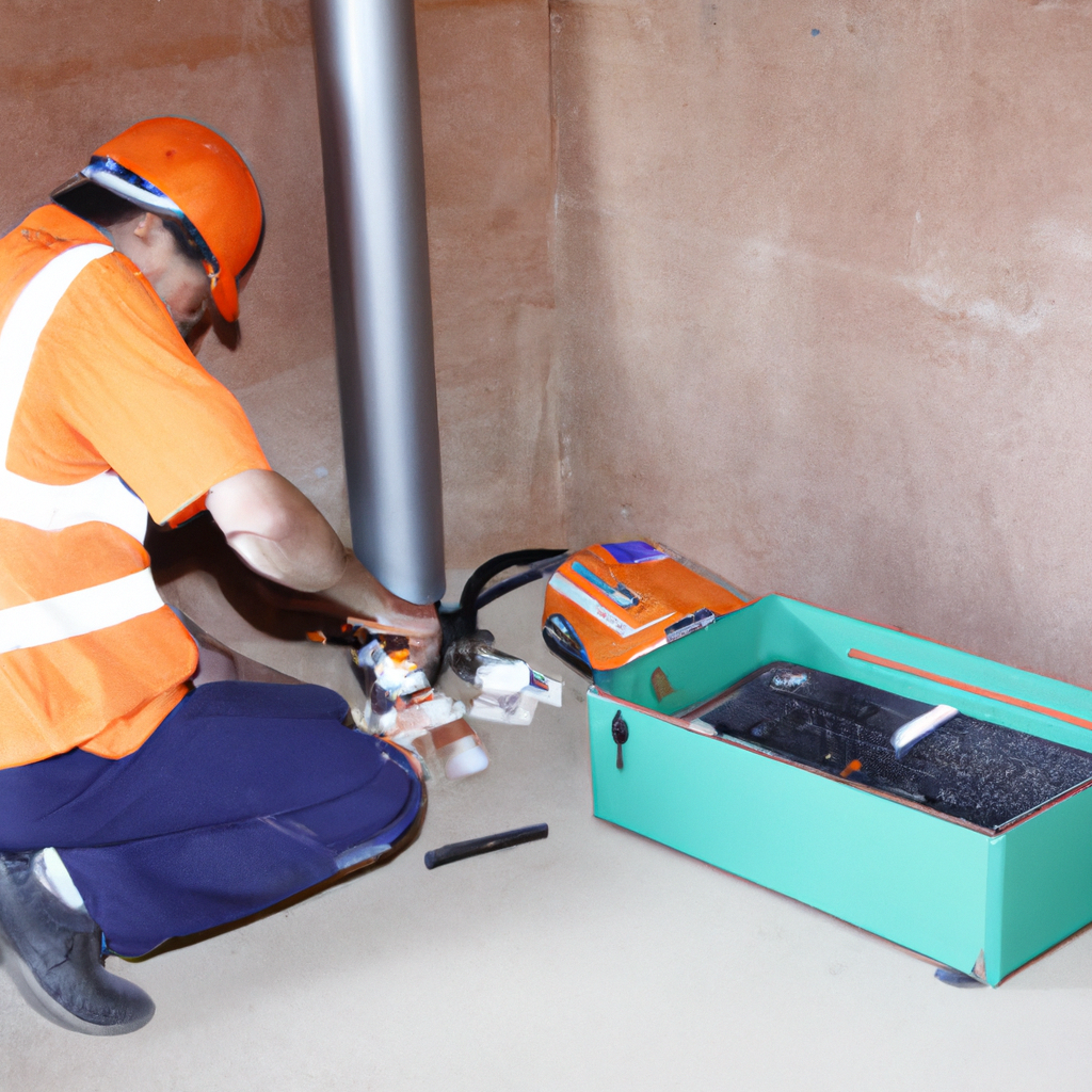 Un technicien plombier de l'entreprise plomberie Le Creusot installe des tuyaux et équipements sanitaires dans une résidence en construction.
