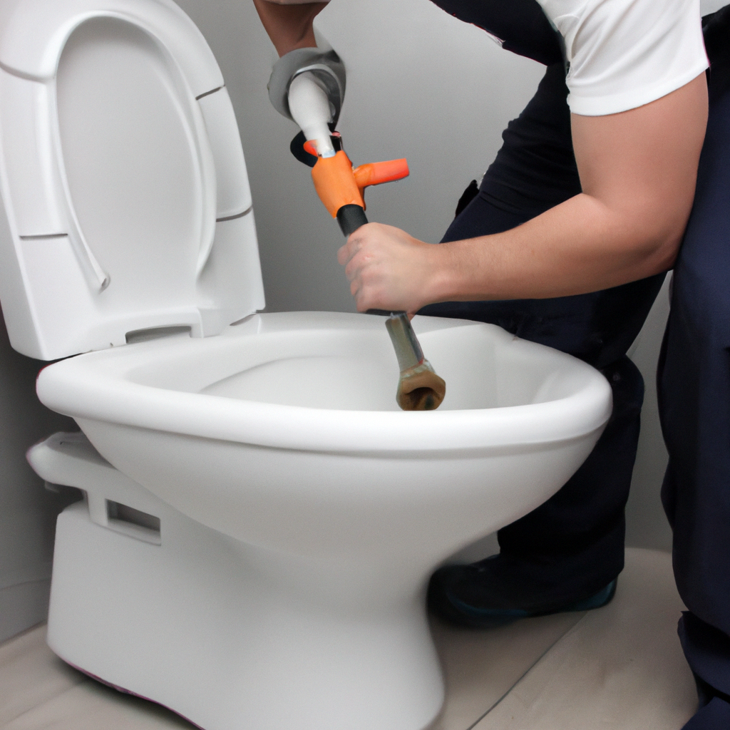 Plombier professionnel photoréaliste en action utilisant un équipement hydro-jet haute pression pour un débouchage WC Le Creusot dans une salle de bain moderne.