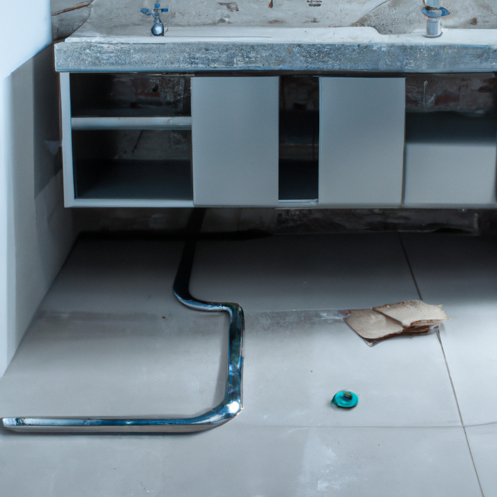 Photorealistic image of a modern bathroom under construction, showing water supply lines, floor tiling, and vanity cabinet assembly.