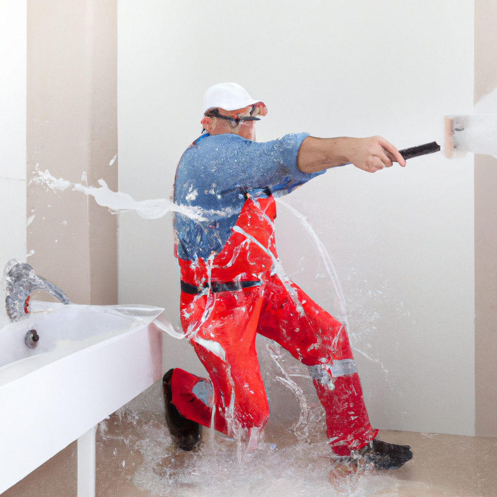 Plombier professionnel en pleine urgence fuite d'eau le creusot (71200) dans une salle de bain résidentielle, outils spécialisés, eau qui jaillit et sol mouillé.